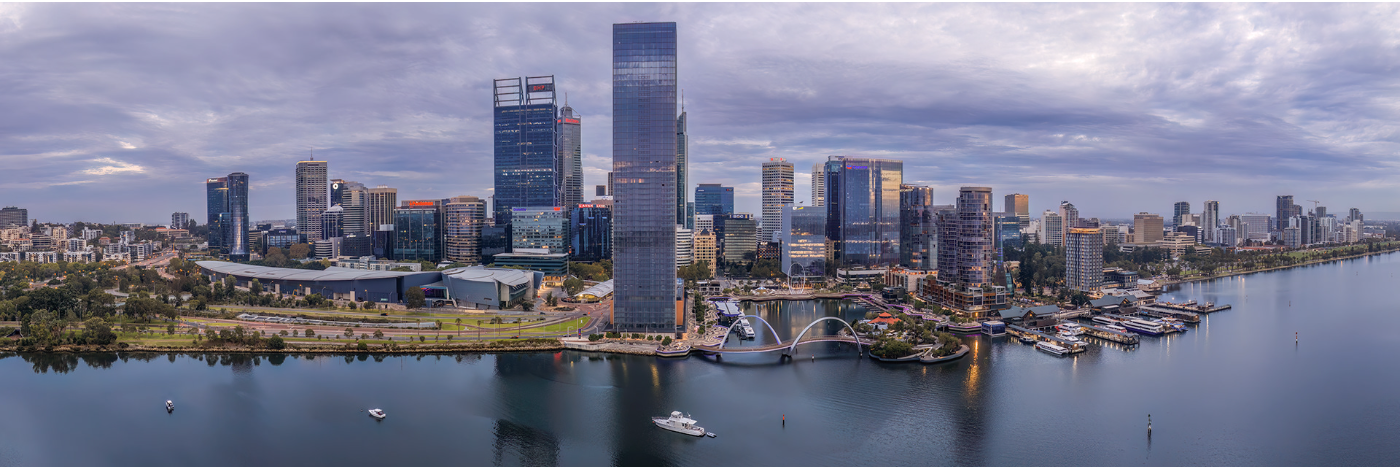 Perth skyline at dusk across the Swan River, Western Australia