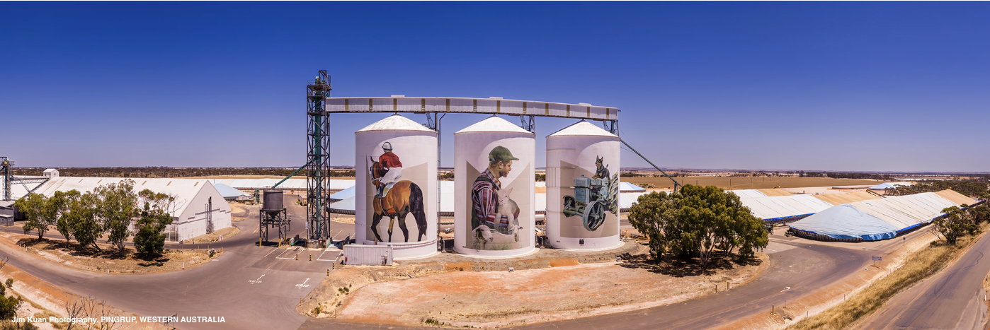 Painted grain silos at Pingrup, Western Australia — public silo art across regional Western Australia