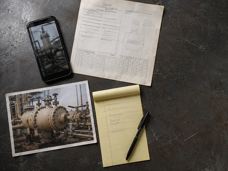 Equipment photograph, specification sheet, phone and notes arranged on an industrial worktable.