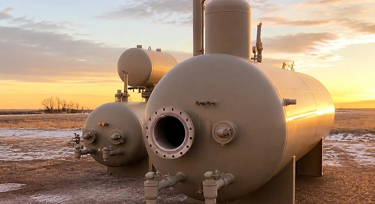 Fabricated oilfield vessels in a northern Colorado equipment yard at golden hour