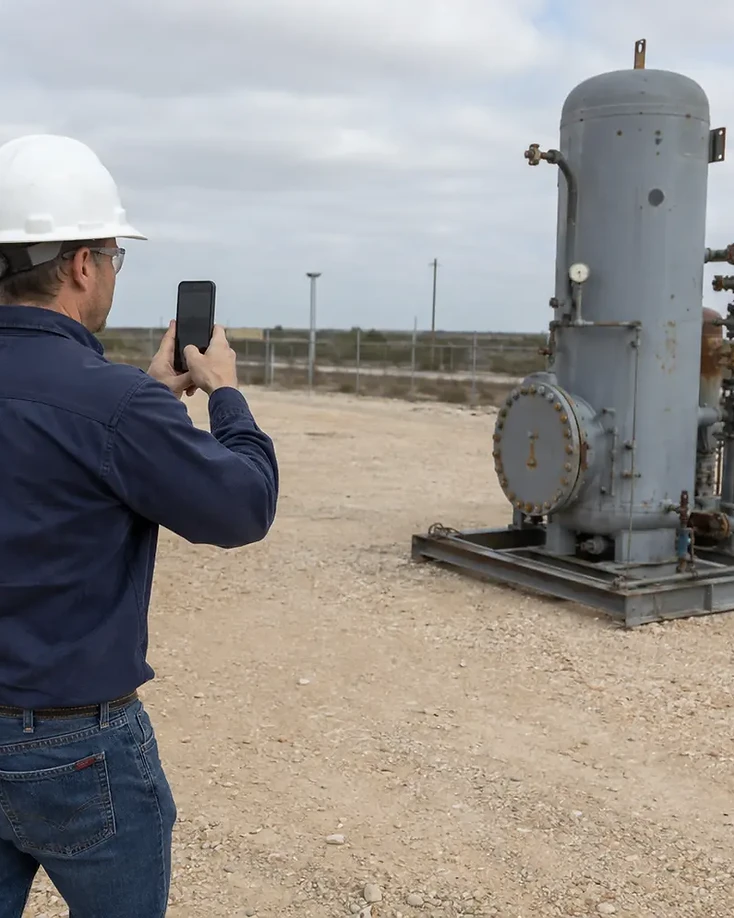 Oilfield employee records equipment in a storage yard with a smartphone.