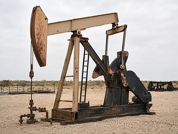 Oilfield pumping unit on a gravel lot under an overcast sky.
