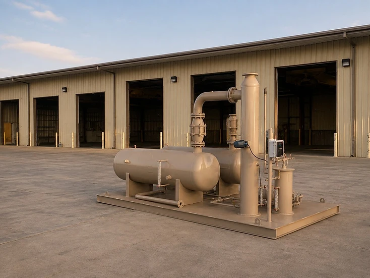 Compact skid-mounted oil and gas separator outside a fabrication shop