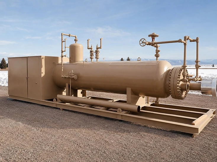 Field-ready horizontal heater treater on a skid in a northern Colorado winter yard