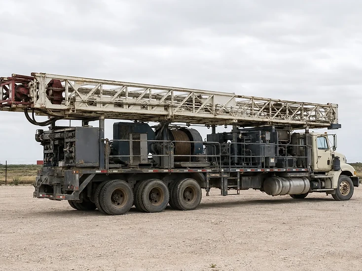 Mobile workover rig parked in a West Texas equipment yard.