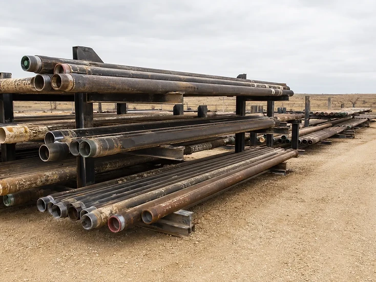 Rack of drill pipe and tubular goods stored in an equipment yard.