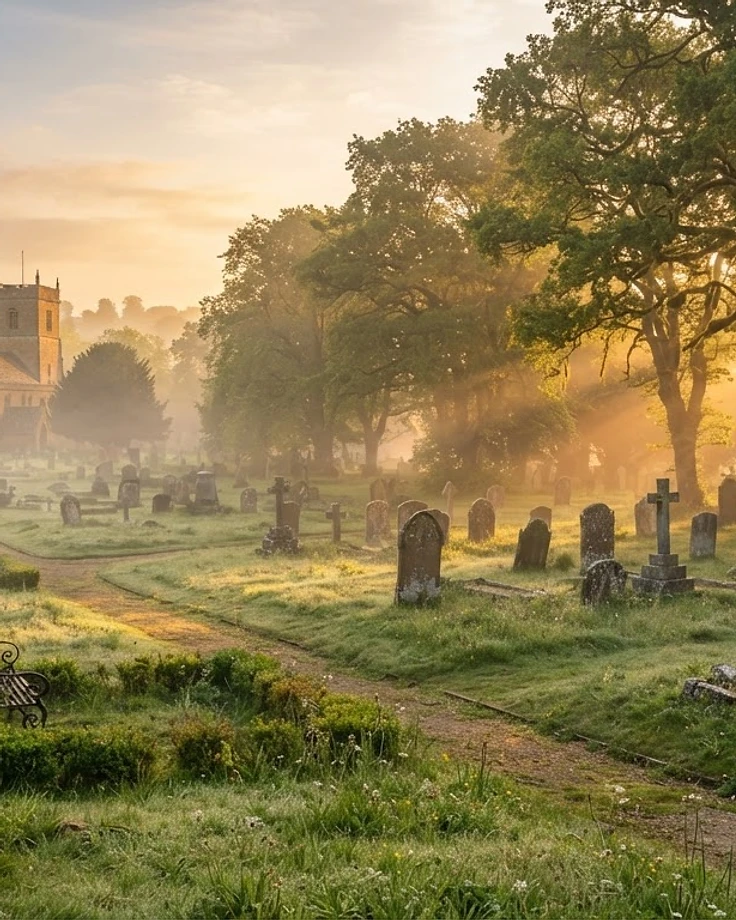 A peaceful, well-tended historic cemetery in Greater Manchester at sunrise