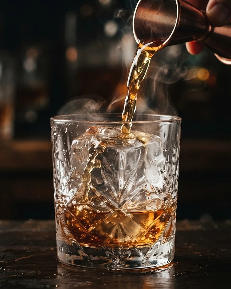 Cocklet being poured over a clear ice cube