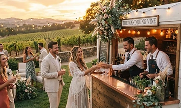Outdoor destination wedding bar at golden hour