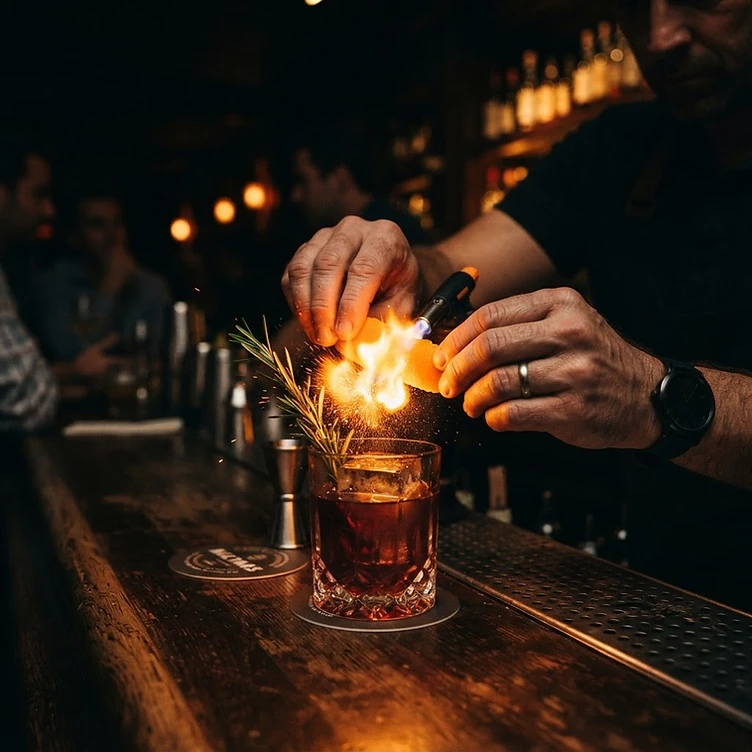 Bartender garnishing a cocktail with flamed orange peel