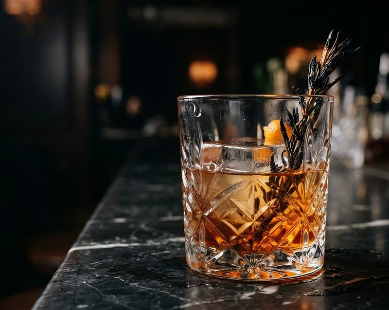 Crystal cocktail glass garnished on a dark marble bar