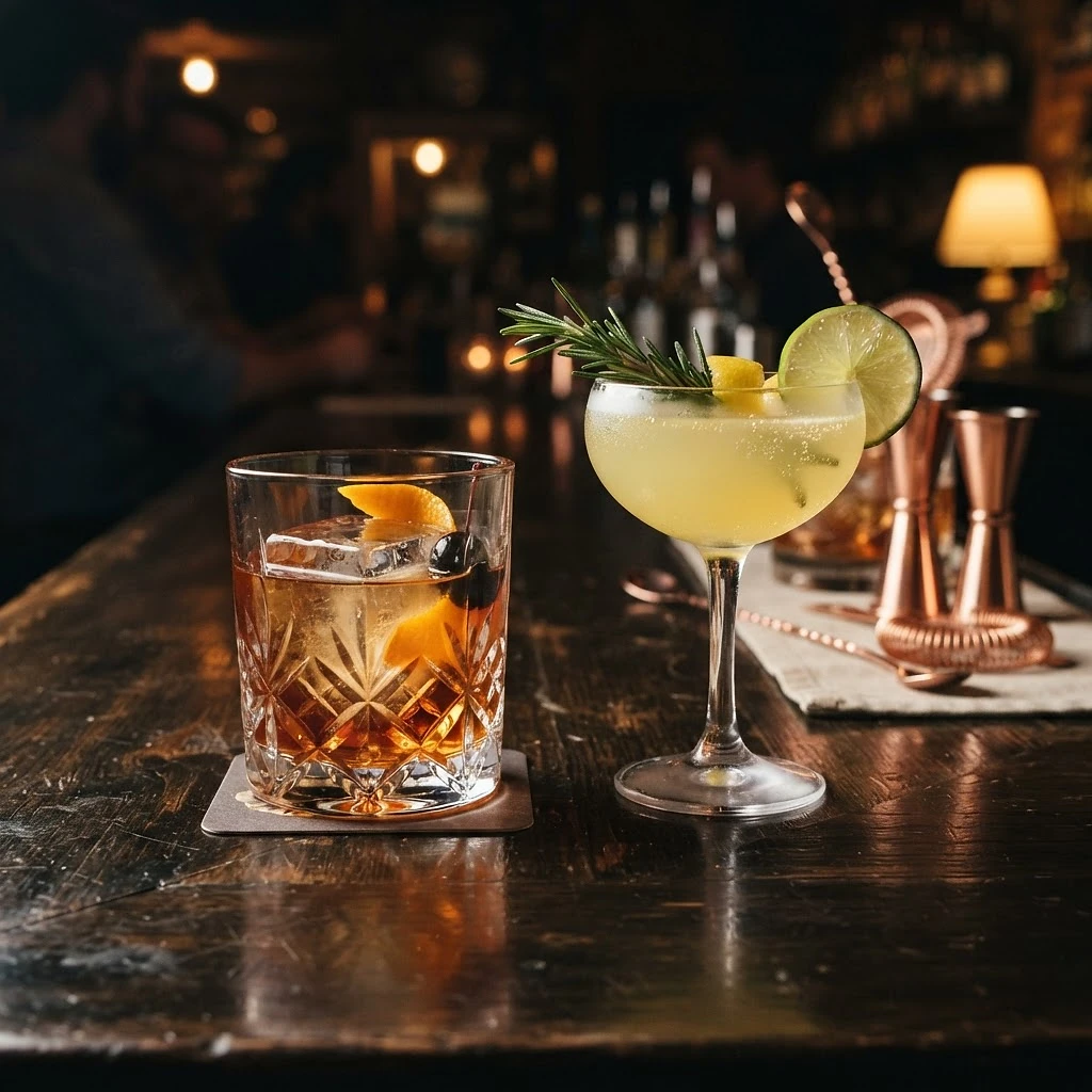 Two craft cocktails side by side