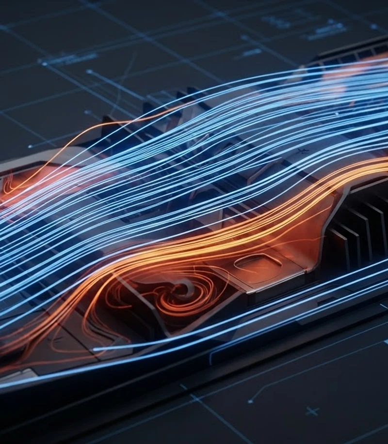 Abstract thermal airflow gradients over a dark technical grid