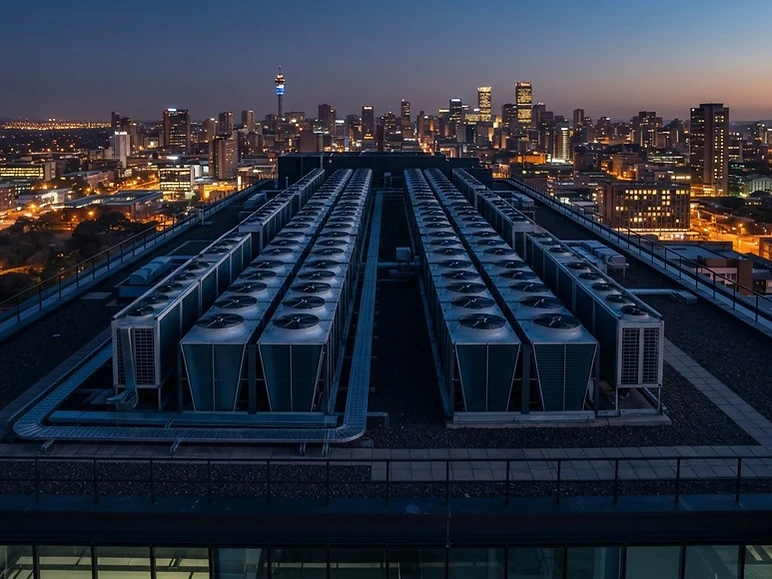 Rooftop array of condenser units on a modern Johannesburg building