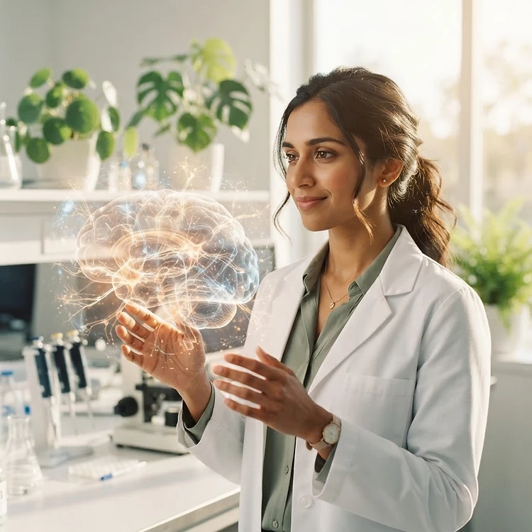 Scientist reviewing neural pathway holographic display