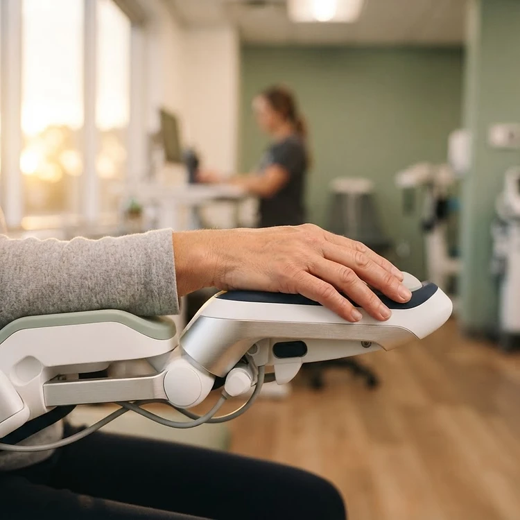 Hand resting on advanced robotic rehabilitation interface