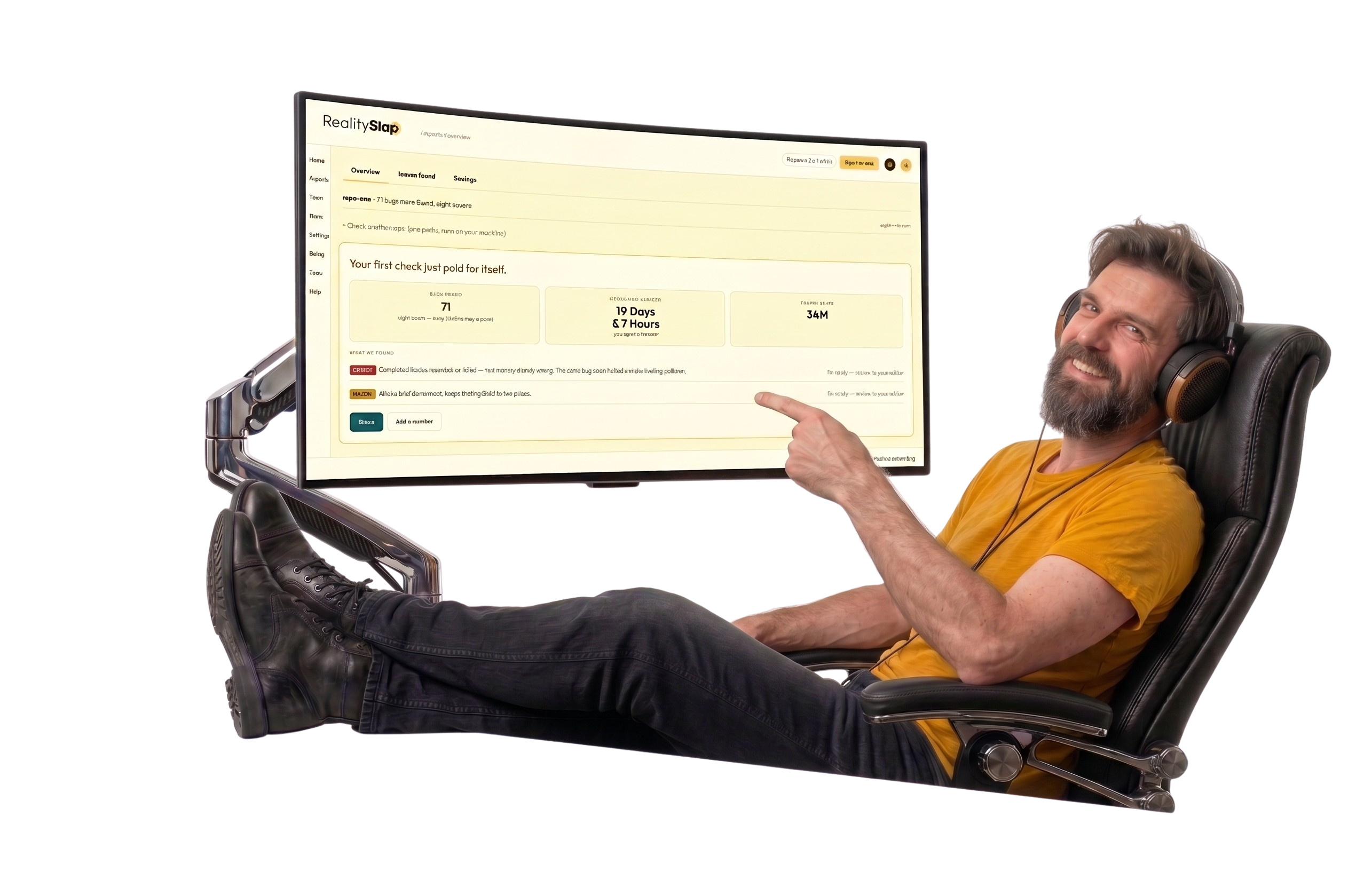 A developer reviewing the RealitySlap report on screen, feet up, pointing at a bug.