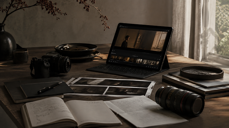 Fotografia conceitual temporária — bancada de edição com tablet em timeline, contact sheets impressos e lente de câmera