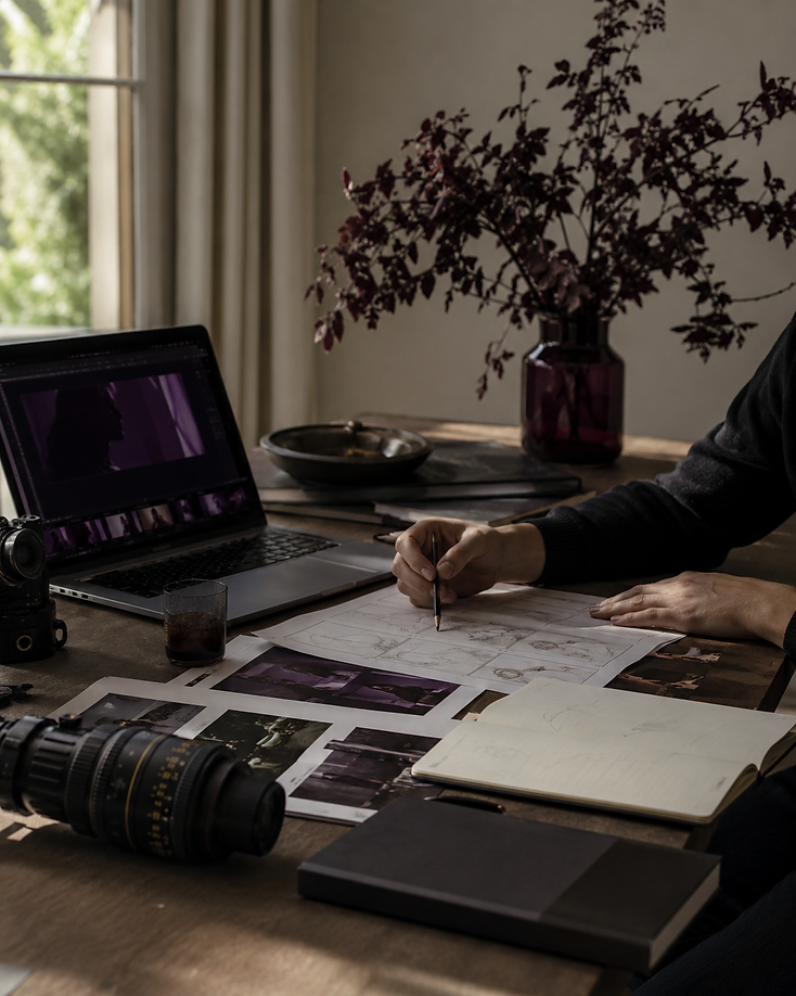 Fotografia conceitual temporária — revisão colaborativa de storyboards e contact sheets em mesa de estúdio com câmera e laptop