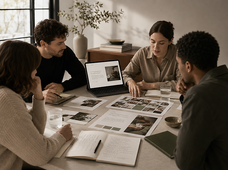 Fotografia conceitual temporária — reunião colaborativa em torno de mesa com tablet e materiais de planejamento