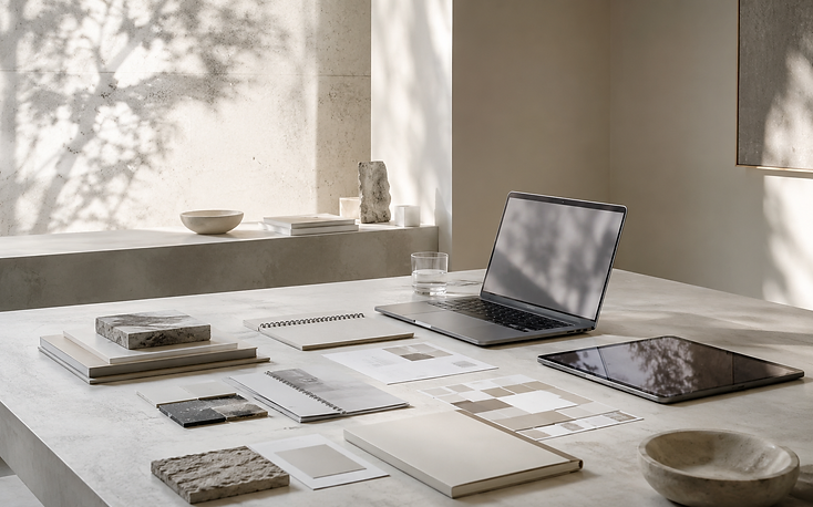 Fotografia conceitual temporária — bancada de trabalho com amostras e caderno.