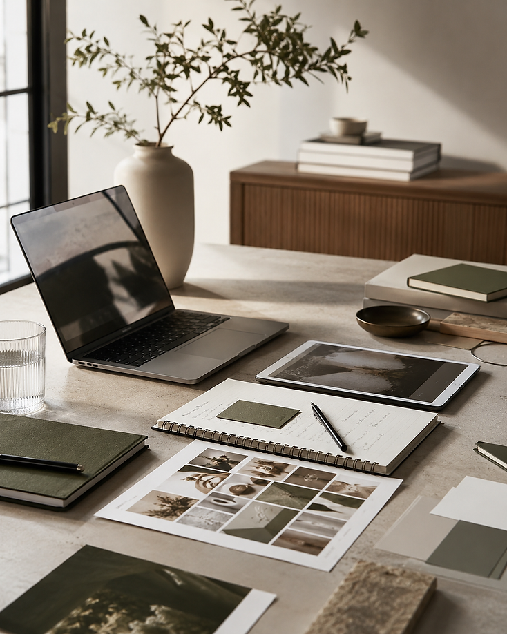 Fotografia conceitual temporária — bancada de estúdio com notebook, tablet e moodboard em tons terrosos