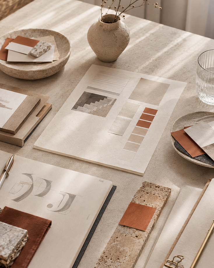 Fotografia conceitual temporária de materiais editoriais e sistema de identidade.
