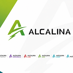 Composição editorial da marca Alcalina com símbolo, wordmark e sistema de divisões.
