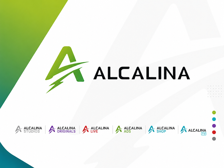 Composição editorial da marca Alcalina com símbolo, wordmark e sistema de divisões.