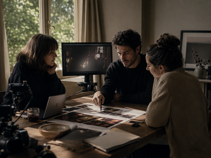 Fotografia conceitual temporária — reunião de revisão criativa em torno de mesa com storyboards, câmera e laptop