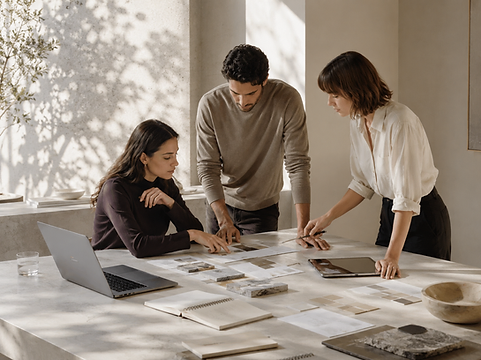 Fotografia conceitual temporária — sessão colaborativa de design em torno de uma bancada.