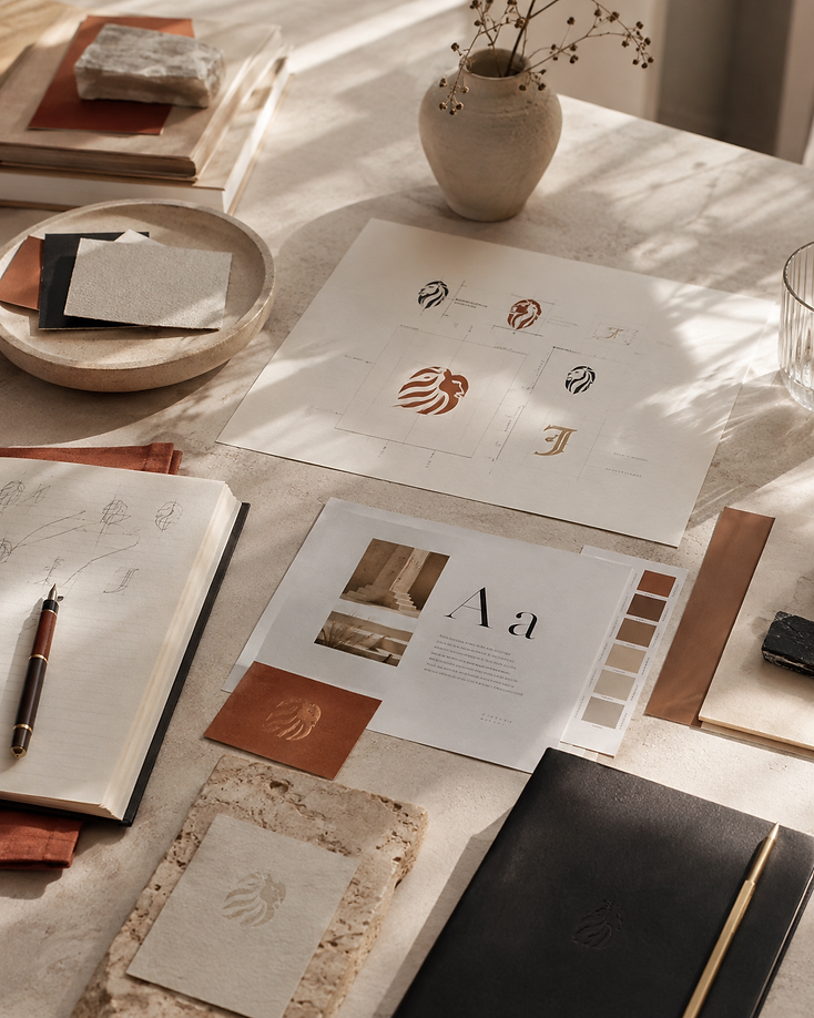 Fotografia conceitual temporária — estúdio de branding com materiais, estudos de identidade e amostras em tons terrosos
