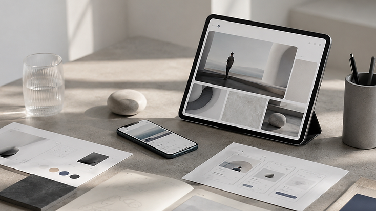 Fotografia conceitual temporária — tablet com interface e materiais de estúdio sobre bancada