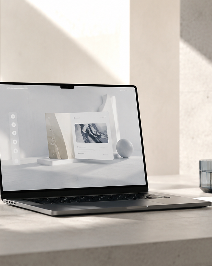Fotografia conceitual temporária — laptop aberto sobre bancada de pedra com luz natural