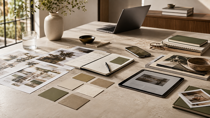 Fotografia conceitual temporária — bancada com notebook, swatches e tablet em paleta terrosa