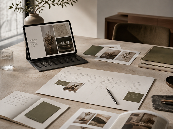 Fotografia conceitual temporária — tablet com interface e documento de planejamento de campanha sobre bancada