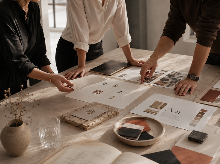 Fotografia conceitual temporária — reunião criativa em estúdio com moodboard e materiais de branding em tons terracota