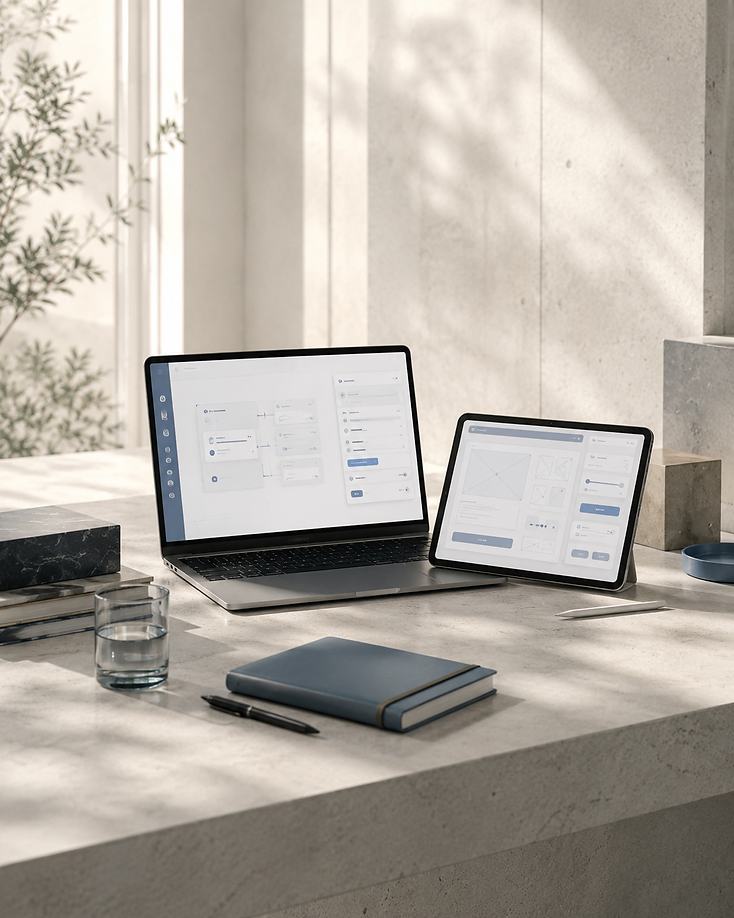 Fotografia conceitual temporária de workspace com produtos e interfaces digitais.