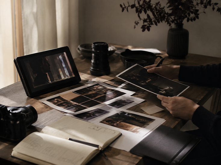 Fotografia conceitual temporária — mãos revisando impressão fotográfica sobre bancada com tablet e contact sheets