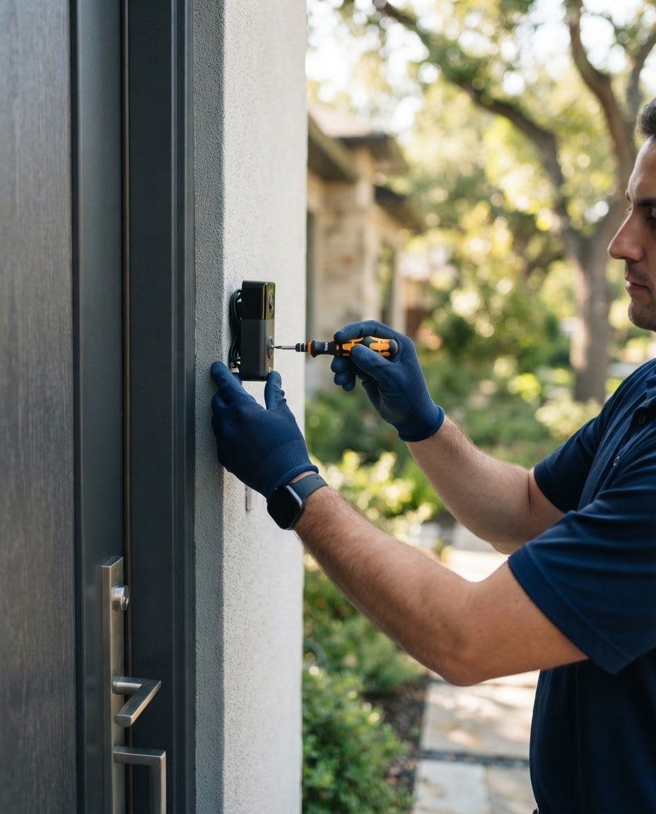 DFW RingPro technician mounting a Ring video doorbell on a brick door frame at a McKinney home