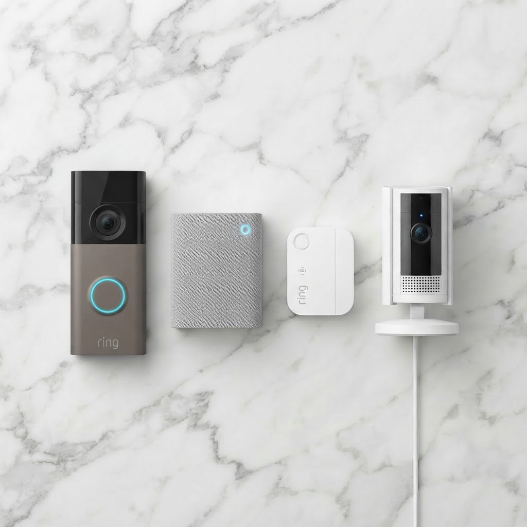 Ring doorbell and camera bundle contents laid out before a professional installation