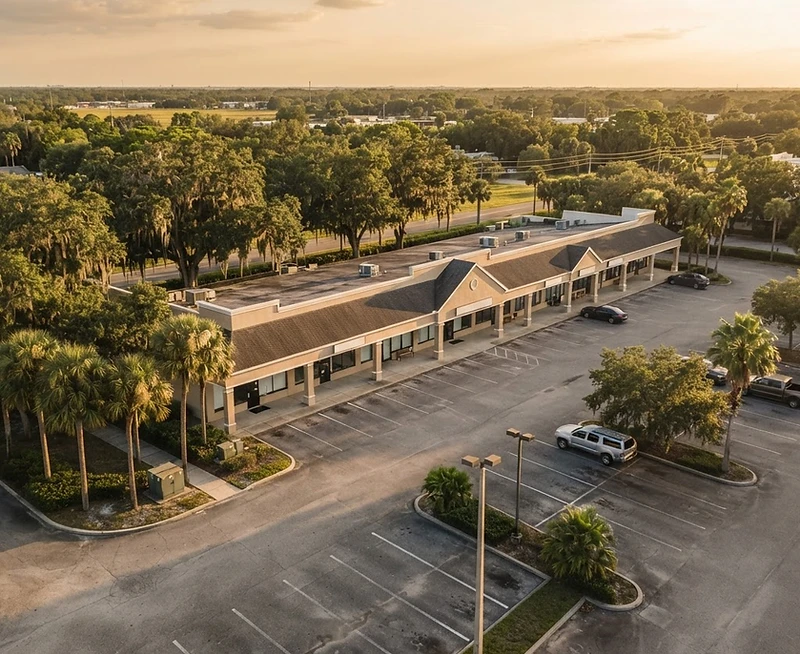 Aerial view of a North Central Florida commercial plaza and shopping center