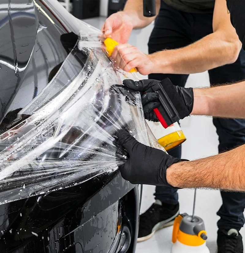 Technicians applying paint protection film to a black vehicle in a professional shop