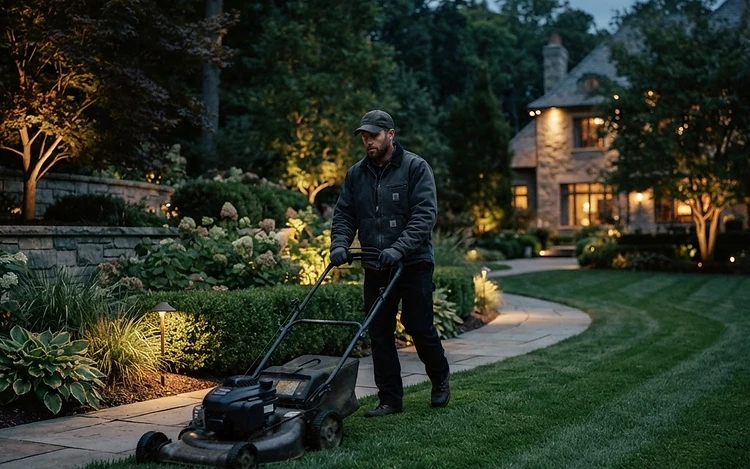 Landscaper maintaining a manicured lawn at dusk