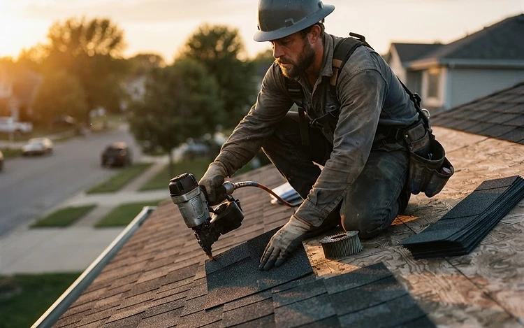 Roofer installing shingles on a residential roof at golden hour