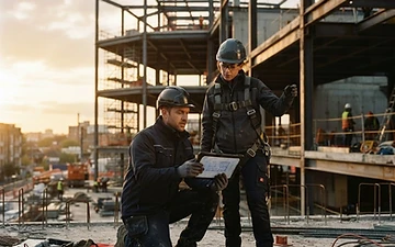 Commercial contractors reviewing plans on a construction site