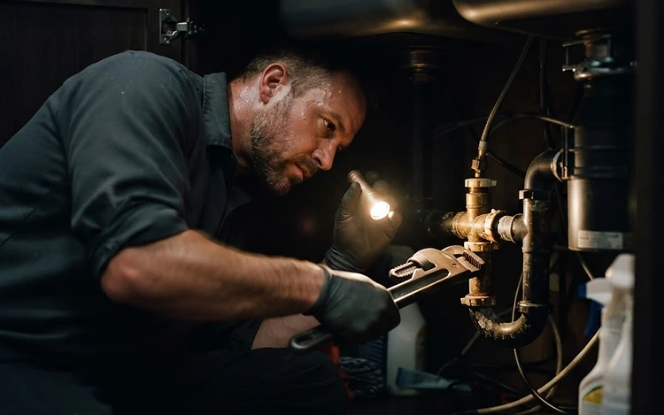 Plumber working under a kitchen sink