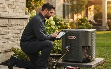 Residential HVAC technician servicing a home air conditioning unit