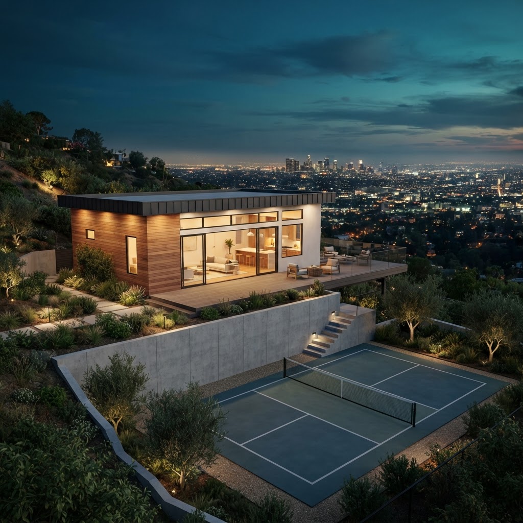 Rendering: a detached ADU on a terraced Hollywood Hills slope above a pickleball court at dusk