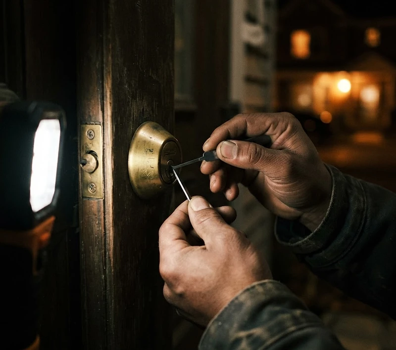 Locksmith's hand working a door lock at night under a focused beam of light